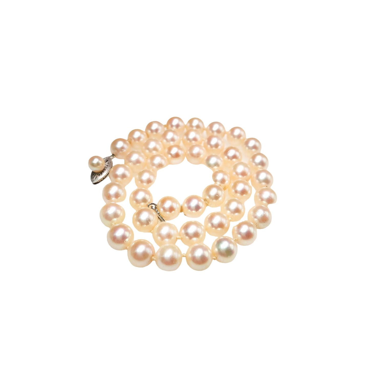 Vintage 1980s Cultured Japanese Akoya Pearl, Gold Necklace - 80s 7.9-8.5mm Round Pearl and 10K White Gold Single Strand 15.75" Necklace