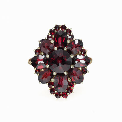 Vintage 1970s Bohemian Garnet and Gold Washed 900 Silver Cluster Ring Size 6.75 - 90s Large Red Garnet Statement Ring - Red Gemstone Ring