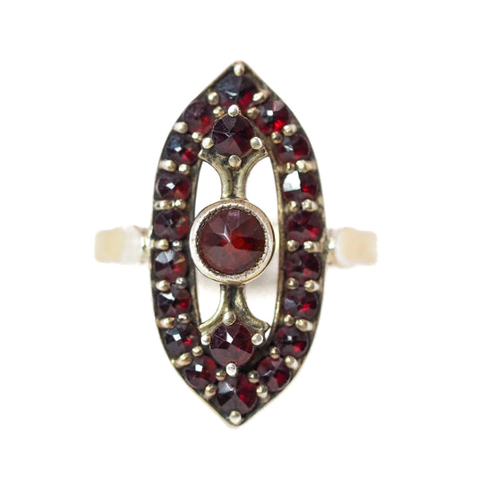 Vintage 1960s Bohemian Garnet, 900 Silver Ring - 60s Czech Garnet and Gold Wash Silver Marquise Ring Size 6.25 - Red Gem Marquise Ring