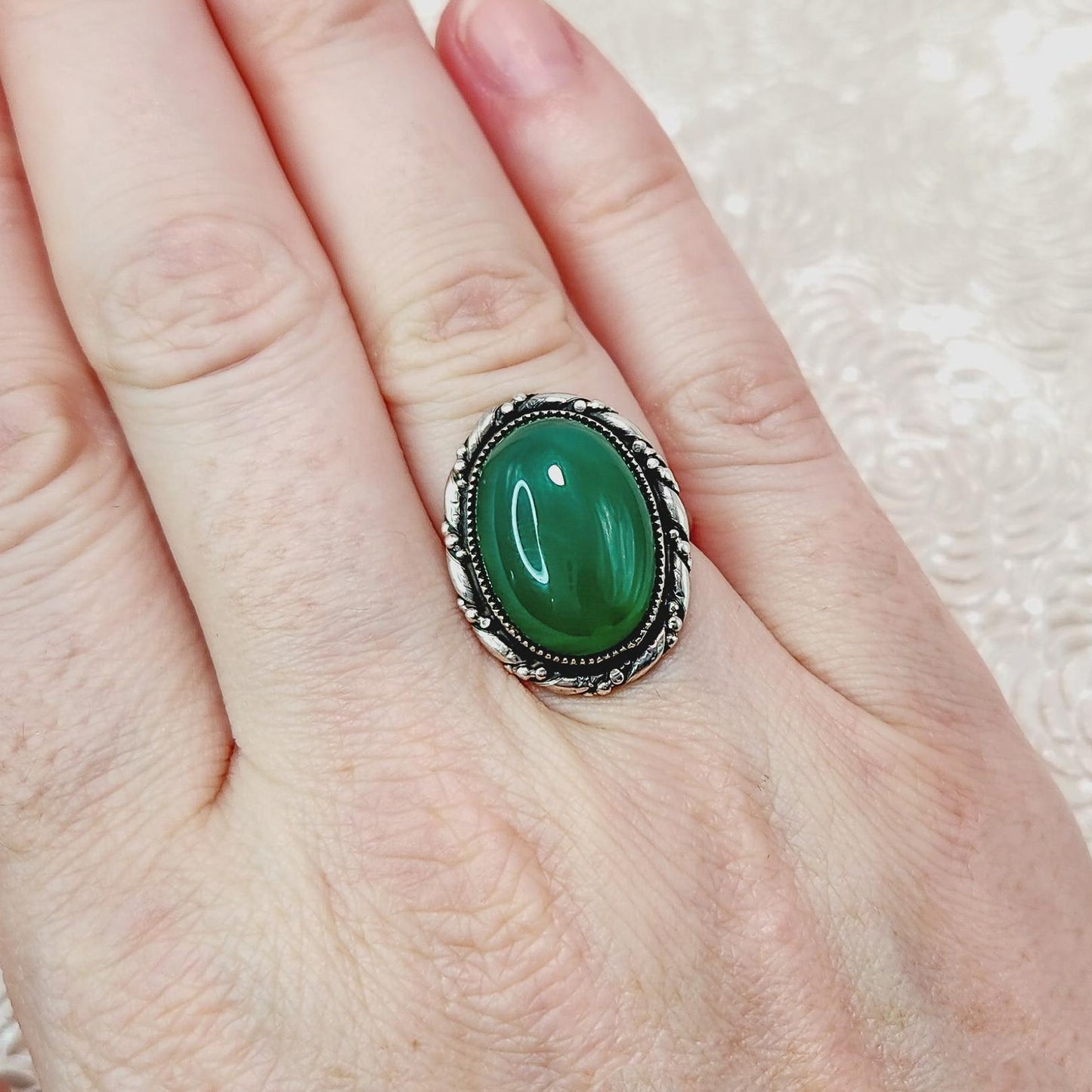 Vintage 1940s Hand Made Green Chrysoprase and Sterling Silver Cabochon Solitaire Ring Size 6.5 - 40s Green Silver Retro Deco Ring