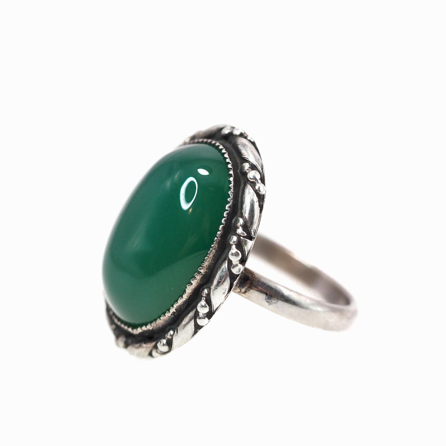 Vintage 1940s Hand Made Green Chrysoprase and Sterling Silver Cabochon Solitaire Ring Size 6.5 - 40s Green Silver Retro Deco Ring