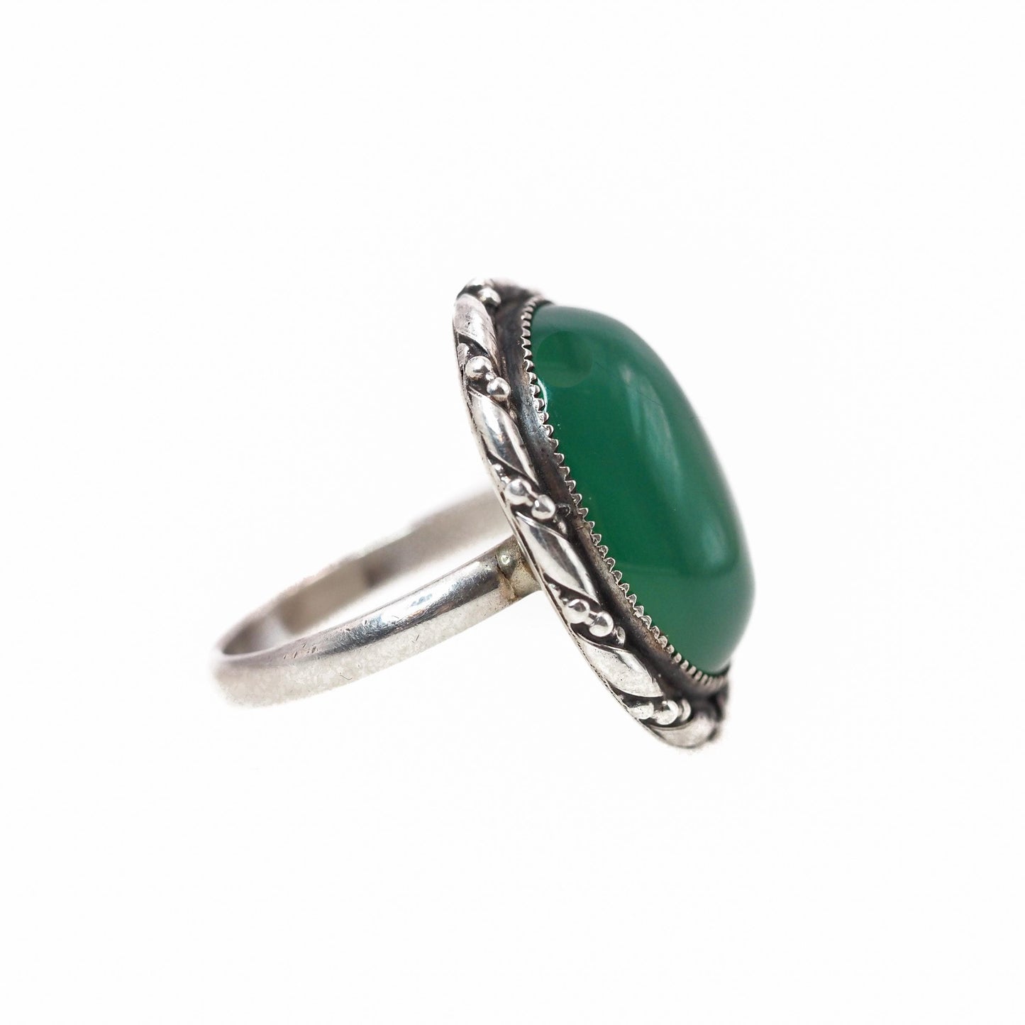 Vintage 1940s Hand Made Green Chrysoprase and Sterling Silver Cabochon Solitaire Ring Size 6.5 - 40s Green Silver Retro Deco Ring