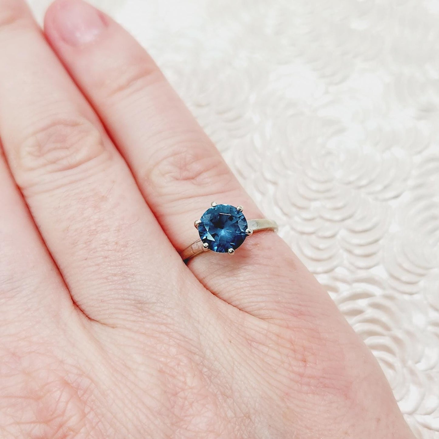 Vintage 1970s SABRINA Greenish Blue Lab Created Spinel and 10K Ring - Blue Lab Spinel, White Gold Solitaire Ring Size 5 - August Birthstone