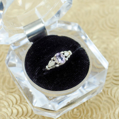 Vintage 1970s Light Purple Glass and Sterling Statement Ring Size 7 - 70s Oval Cut Purple Glass Thin Band Silver Ring