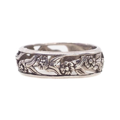 Vintage 1990s Sterling Silver Openwork Band Southwestern Flower Ring Size 7