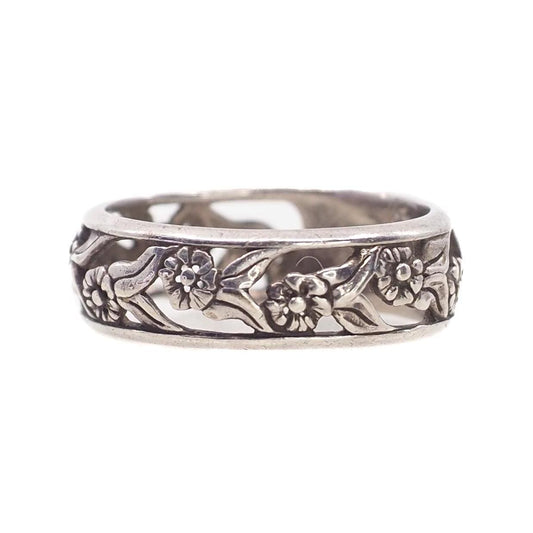 Vintage 1990s Sterling Silver Openwork Band Southwestern Flower Ring Size 7 - 90s Silver Floral Stackable Band Ring