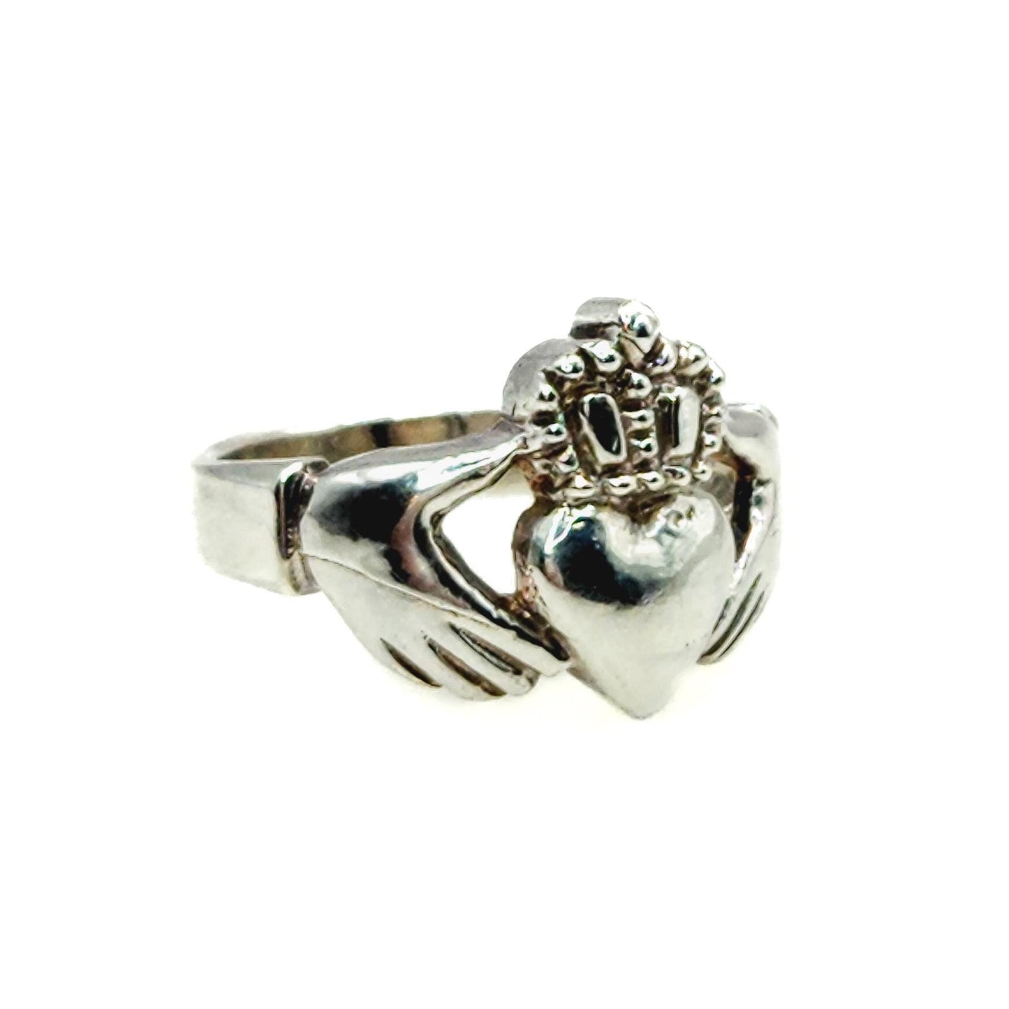 Vintage 1990s Sterling Silver Claddagh Band Ring Size 8 - 90s Silver Irish Heart Hands Crown Ring - Silver Engagement Love Ring