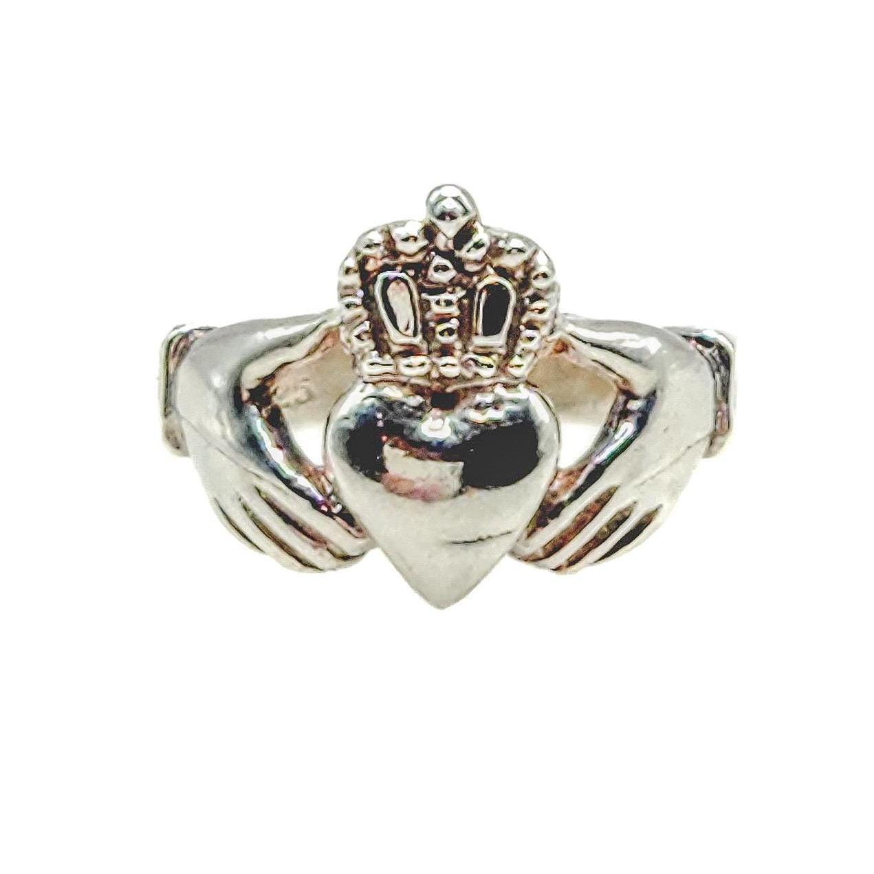 Vintage 1990s Sterling Silver Claddagh Band Ring Size 8 - 90s Silver Irish Heart Hands Crown Ring - Silver Engagement Love Ring