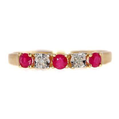 Vintage 1990s 10k Yellow Gold Natural Red Ruby, and Diamond Wedding Band Ring Size 7.25