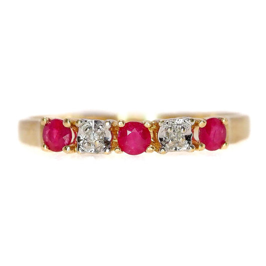 Vintage 1990s Ruby, Yellow Gold, Diamond Ring - Natural Red Ruby, Diamond, and 10K Ring Size 7.25 - Ruby Five Stone Wedding Ring