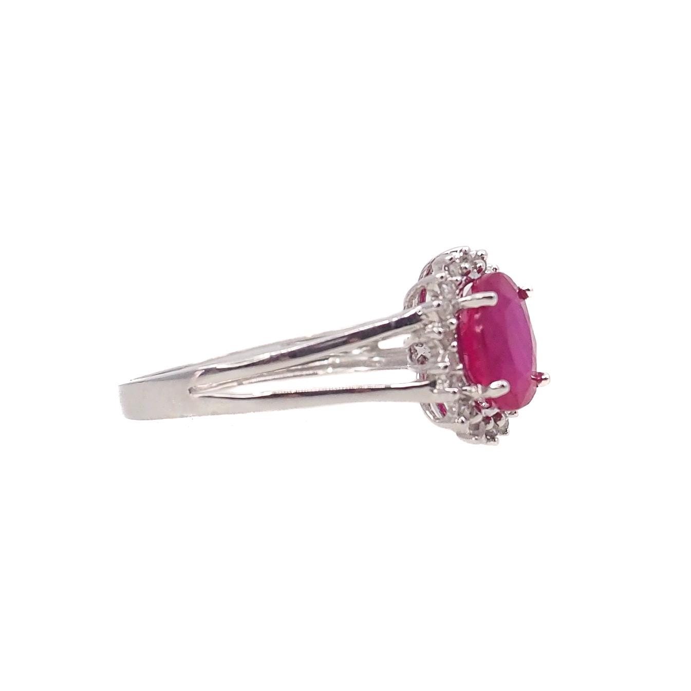 Vintage 1990s Ruby, White Gold Diamond Ring - Oval Cut 0.93-Carat Natural Ruby, Diamond Halo, and 14K Ring Size 4.75 - Ruby Engagement Ring