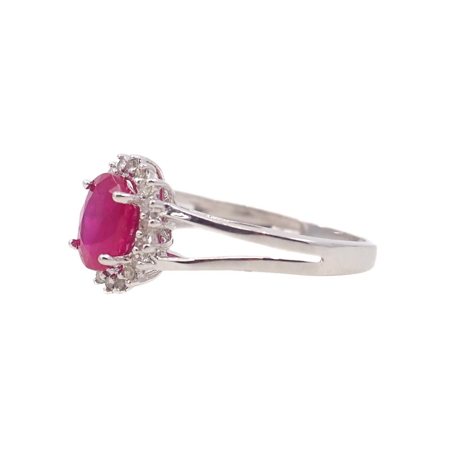 Vintage 1990s Ruby, White Gold Diamond Ring - Oval Cut 0.93-Carat Natural Ruby, Diamond Halo, and 14K Ring Size 4.75 - Ruby Engagement Ring