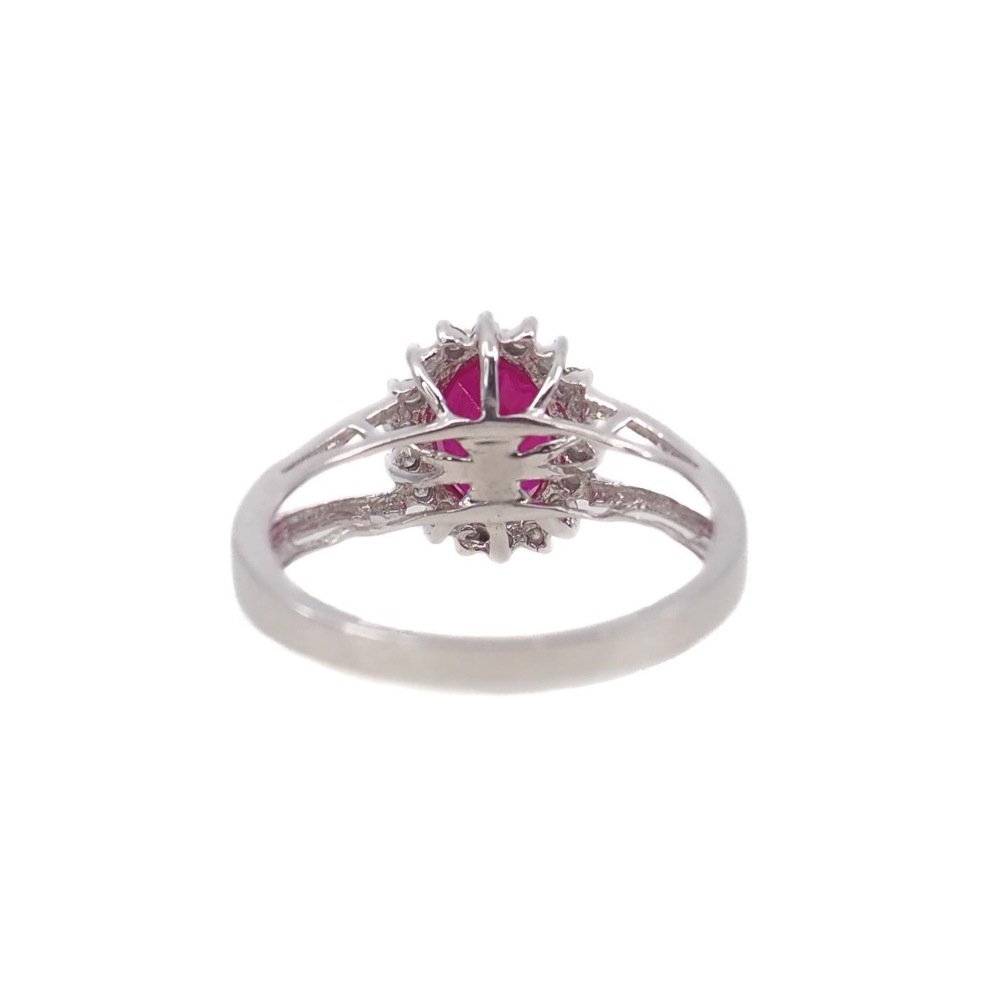 Vintage 1990s Ruby, White Gold Diamond Ring - Oval Cut 0.93-Carat Natural Ruby, Diamond Halo, and 14K Ring Size 4.75 - Ruby Engagement Ring