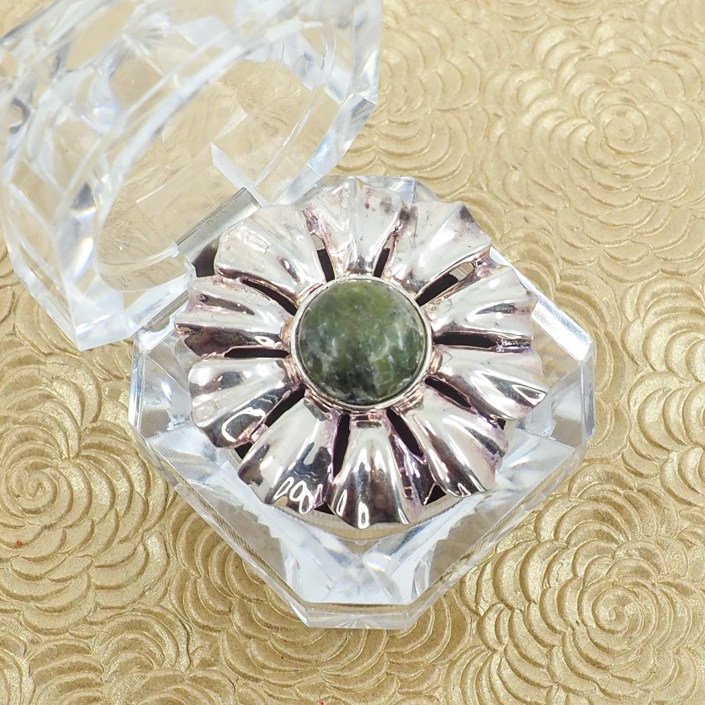 Vintage 1990s Green Connemara Marble and Sterling Silver Floral Brooch and Necklace - Green Marble Flower Brooch Pendant Pin/Pendant Combo