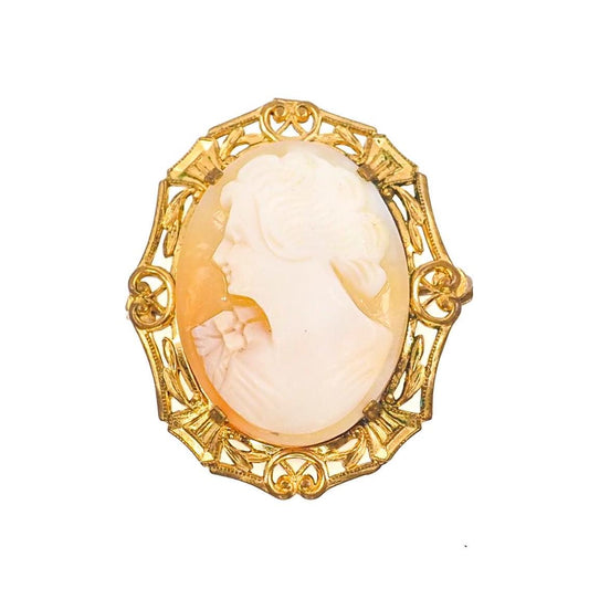 Antique 1910s Shell and Gold Filled Cameo Brooch - Antique Pink Hand Carved Cameo Brooch - Antique Pink Cameo