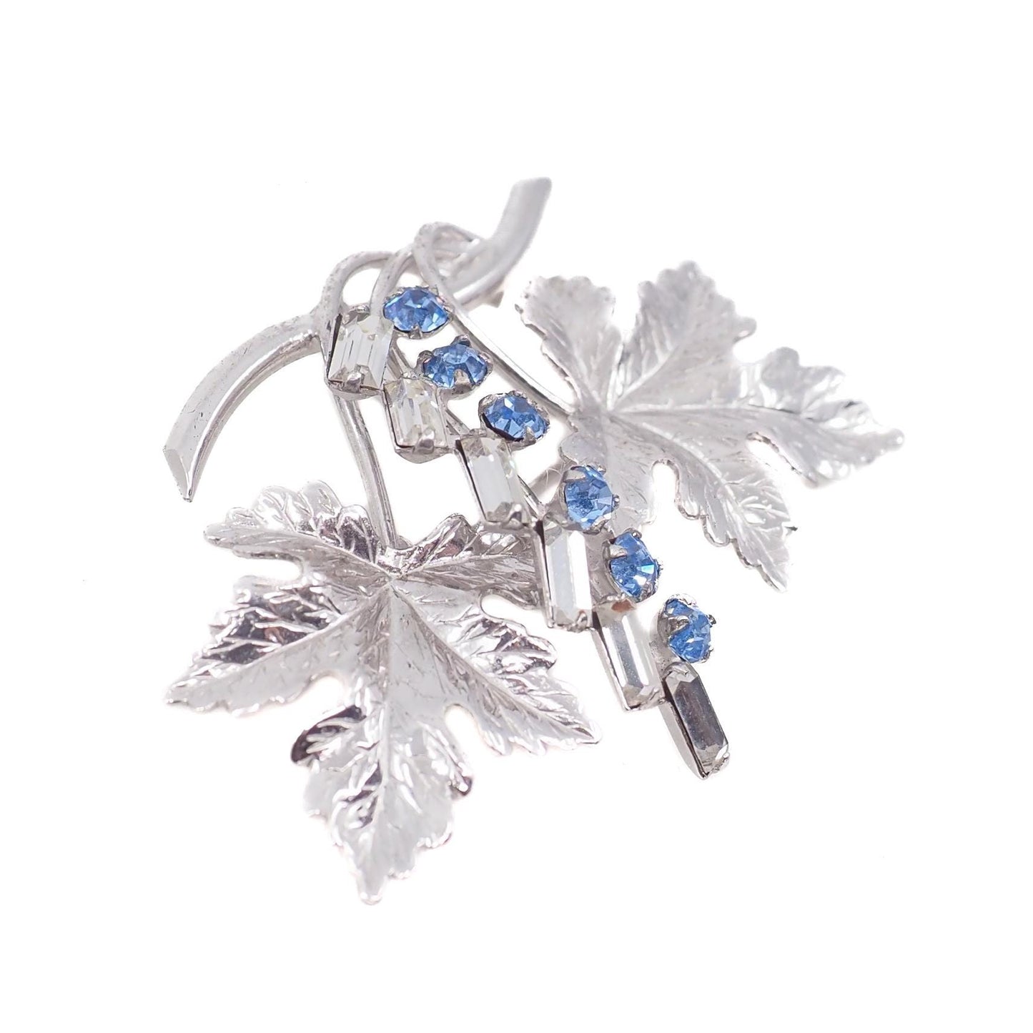 Vintage 1940s CARL ART Blue Rhinestone and Sterling Silver Leaf Brooch - 40s Retro Leaves Spray Unisex Silver Brooch