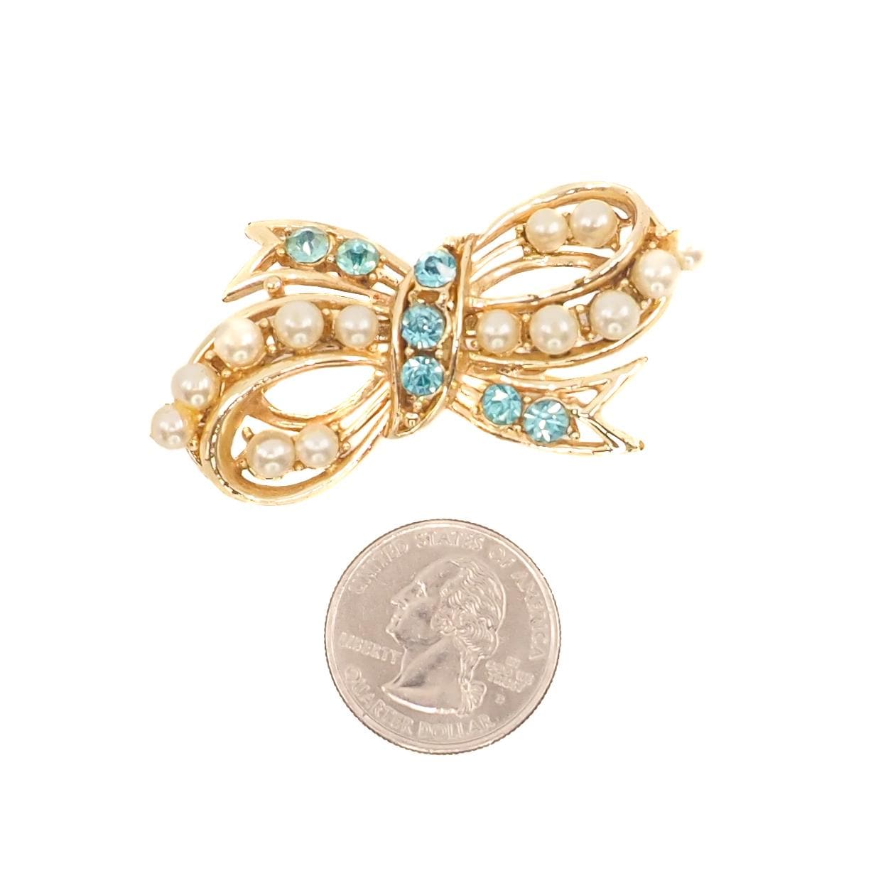 Vintage 1940s Retro Art Deco Aqua Blue Rhinestone, Imitation Pearl, and Gold Tone Ribbon Bow Brooch