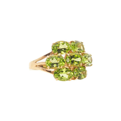 Vintage 1980s Peridot, Yellow Gold Cluster Ring - 80s Large Oval Cut Peridot and 10K Cluster Statement Cocktail Ring Size 5.75 - August Ring