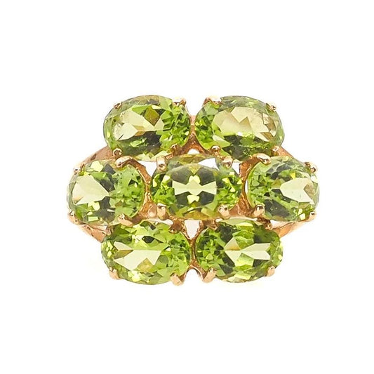 Vintage 1980s Peridot, Yellow Gold Cluster Ring - 80s Large Oval Cut Peridot and 10K Cluster Statement Cocktail Ring Size 5.75 - August Ring