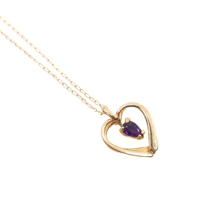Vintage 1980s 14K Yellow Gold and Marquise Purple Amethyst Heart Pendant 17.5" Necklace