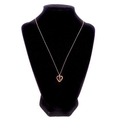 Vintage 1980s 14K Yellow Gold and Marquise Purple Amethyst Heart Pendant 17.5" Necklace