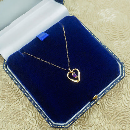 Vintage 1980s 14K Yellow Gold and Marquise Purple Amethyst Heart Pendant 17.5" Necklace