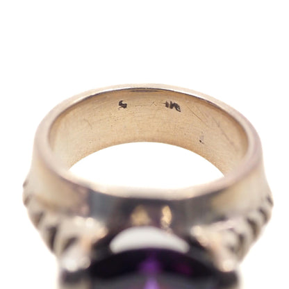 Vintage 1970s Dark Purple Color Change Glass and Sterling Statement Ring Size 7