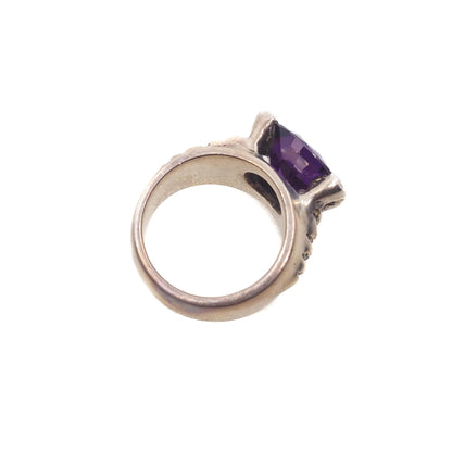 Vintage 1970s Dark Purple Color Change Glass and Sterling Statement Ring Size 7