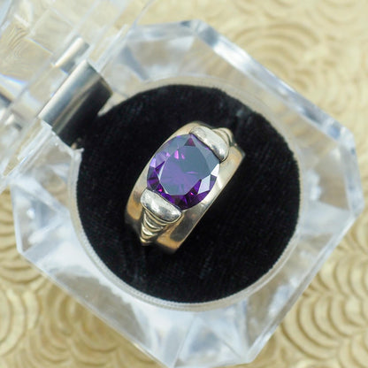 Vintage 1970s Dark Purple Color Change Glass and Sterling Statement Ring Size 7