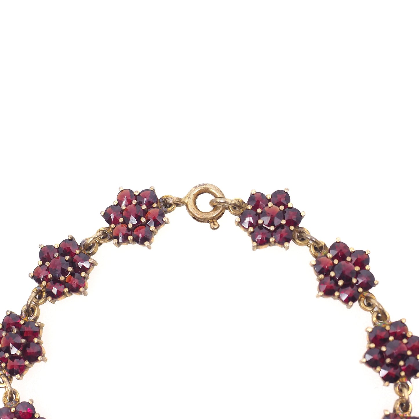 Vintage 1960s Rose Cut Pyrope Garnet and Gold Wash Sterling Silver Cluster Link 7" Bracelet - Red Garnet Gemstone Thin Bracelet