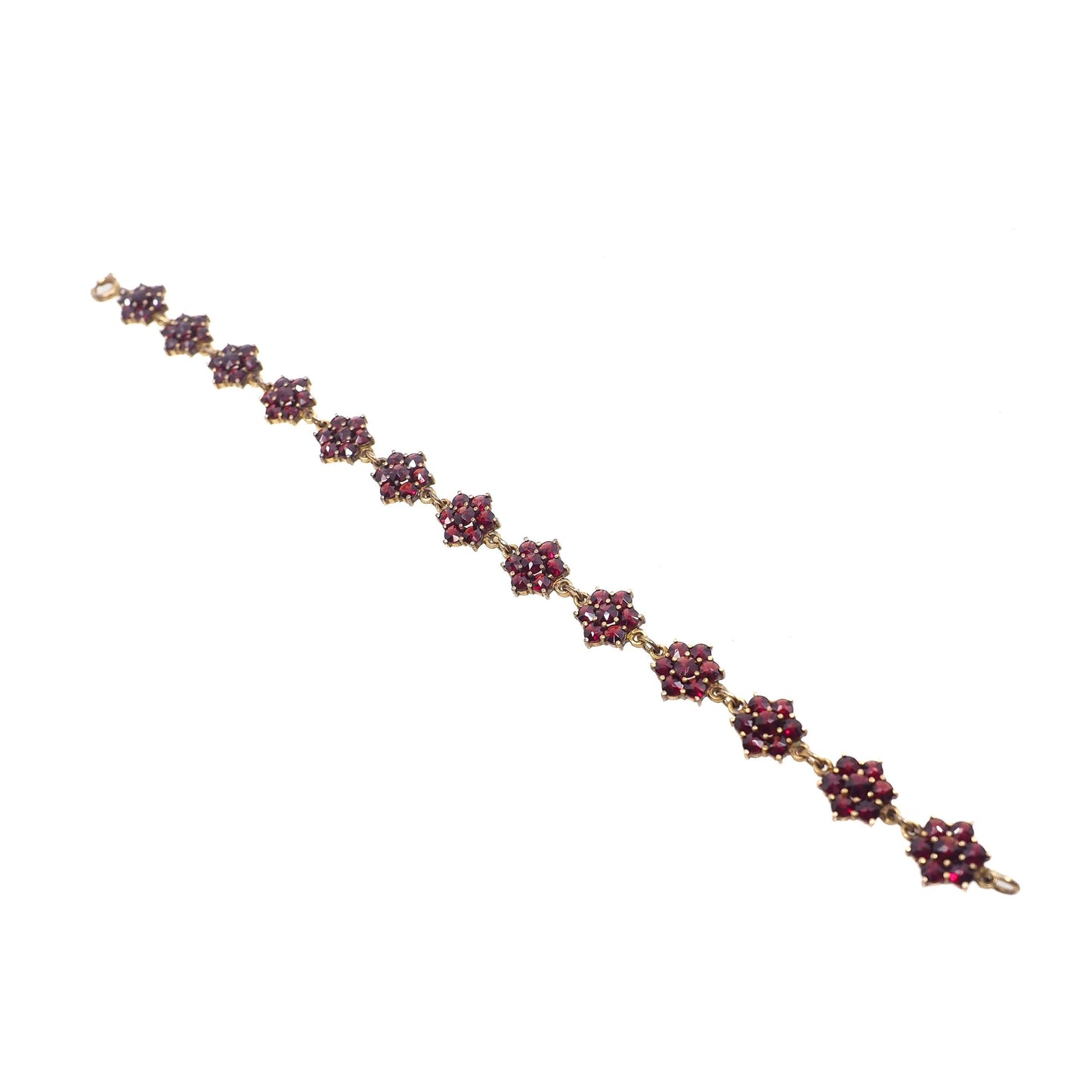 Vintage 1960s Rose Cut Pyrope Garnet and Gold Wash Sterling Silver Cluster Link 7" Bracelet - Red Garnet Gemstone Thin Bracelet