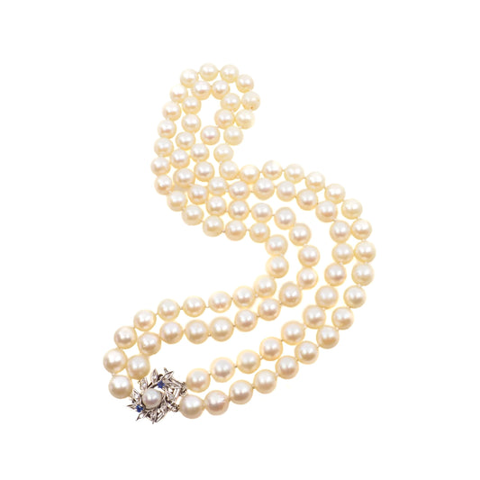 Vintage 1950s Cultured Japanese Akoya Pearl Double Strand with 14K White Gold, Sapphire, Diamond Clasp 16" Necklace - Vintage Pearl Necklace