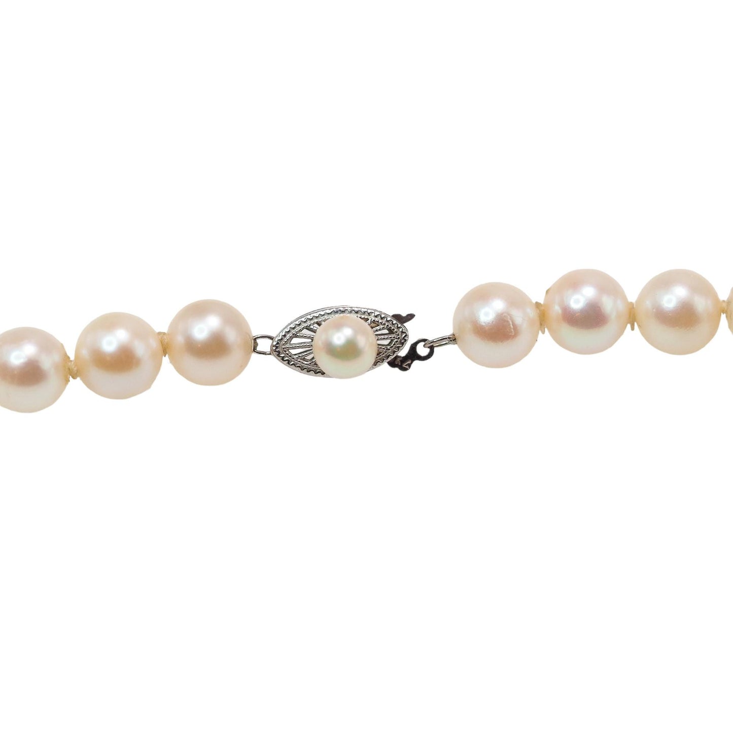 Vintage 1980s Cultured Japanese Akoya Pearl, Gold Necklace - 80s 7.9-8.5mm Round Pearl and 10K White Gold Single Strand 15.75" Necklace