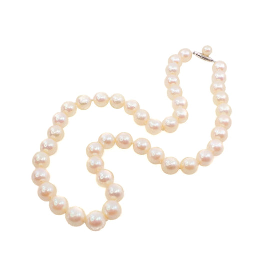 Vintage 1980s Cultured Japanese Akoya Pearl, Gold Necklace - 80s 7.9-8.5mm Round Pearl and 10K White Gold Single Strand 15.75" Necklace