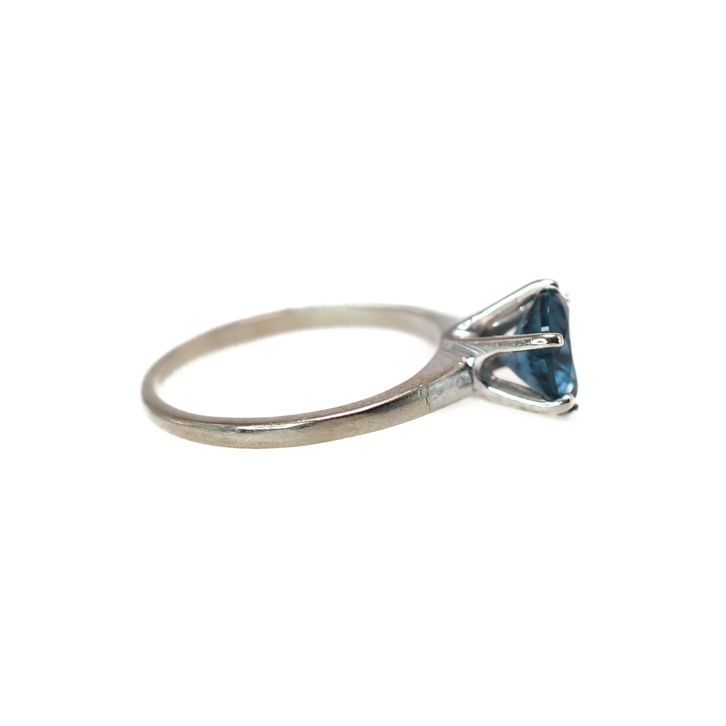 Vintage 1970s SABRINA Greenish Blue Lab Created Spinel and 10K Ring - Blue Lab Spinel, White Gold Solitaire Ring Size 5 - August Birthstone