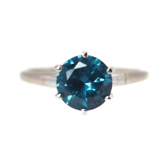 Vintage 1970s SABRINA Greenish Blue Lab Created Spinel and 10K Ring - Blue Lab Spinel, White Gold Solitaire Ring Size 5 - August Birthstone