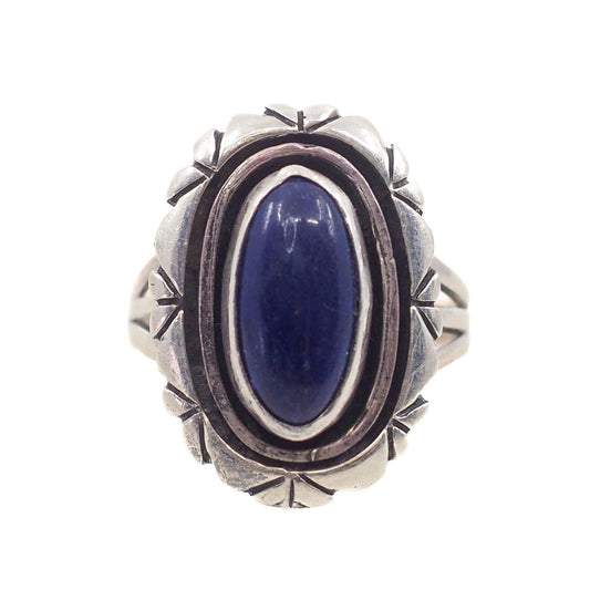 Vintage 1970s LESLIE YAZZIE Blue Lapis Lazuli Cabochon and Sterling Silver Solitaire Ring Size 6 - Gemstone Navajo Native Lapis Silver Ring