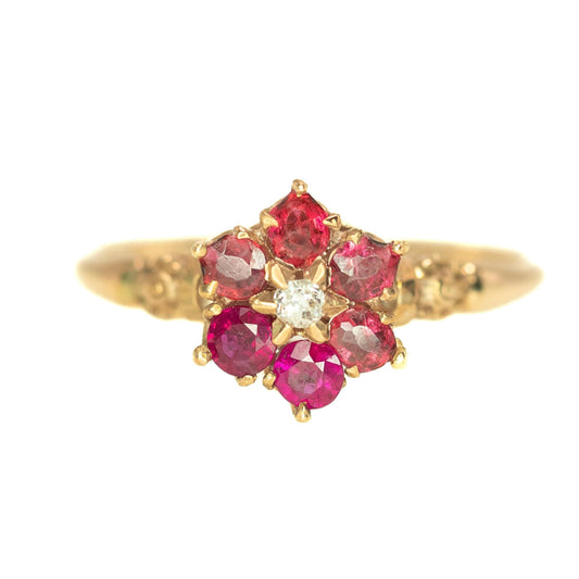 Vintage 1930s Victorian Rev Lab Ruby, Garnet, Diamond, and 10K Ring Size 7.75 - 30s Ruby, Garnet, Diamond, Yellow Gold Flower Cluster Ring