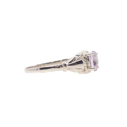 Vintage 1970s Light Purple Glass and Sterling Statement Ring Size 7 - 70s Oval Cut Purple Glass Thin Band Silver Ring
