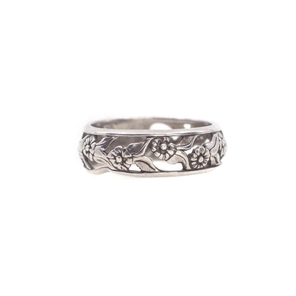 Vintage 1990s Sterling Silver Openwork Band Southwestern Flower Ring Size 7