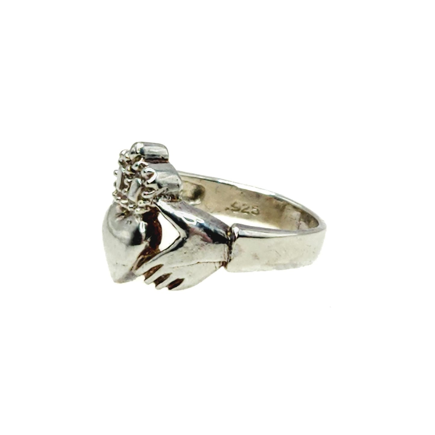 Vintage 1990s Sterling Silver Claddagh Band Ring Size 8 - 90s Silver Irish Heart Hands Crown Ring - Silver Engagement Love Ring