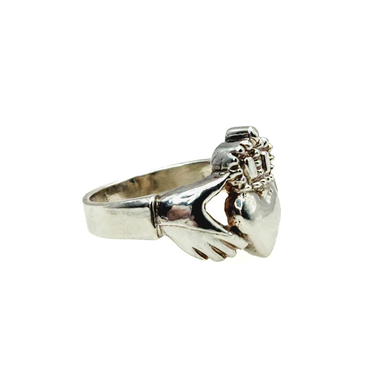 Vintage 1990s Sterling Silver Claddagh Band Ring Size 8 - 90s Silver Irish Heart Hands Crown Ring - Silver Engagement Love Ring