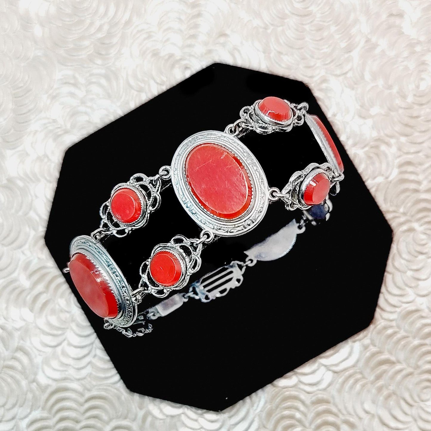 Antique 1920s Art Deco Brownish Red Glass, Marcasite, and Silver Plate Bracelet and Necklace Set - 20s Deco Red, Marcasite Jewelry Set