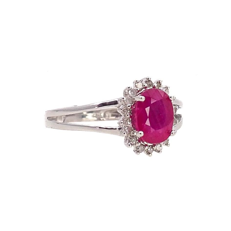 Vintage 1990s Ruby, White Gold Diamond Ring - Oval Cut 0.93-Carat Natural Ruby, Diamond Halo, and 14K Ring Size 4.75 - Ruby Engagement Ring