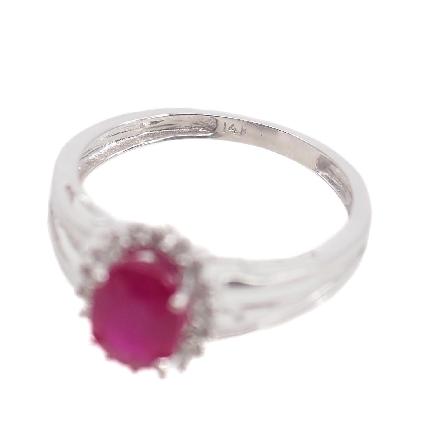 Vintage 1990s Ruby, White Gold Diamond Ring - Oval Cut 0.93-Carat Natural Ruby, Diamond Halo, and 14K Ring Size 4.75 - Ruby Engagement Ring