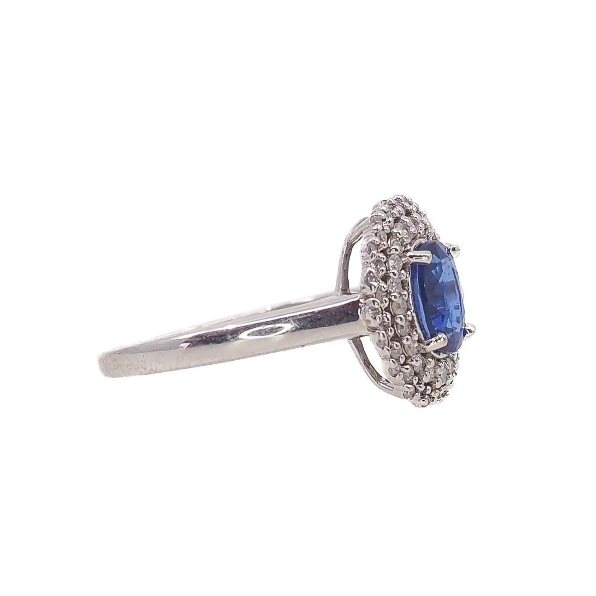 Vintage 1990s Kyanite, White Gold Diamond Ring - Oval Cut 1.08-Carat Natural Blue Kyanite, Diamond Double Halo, and 14K Ring Size 7.25