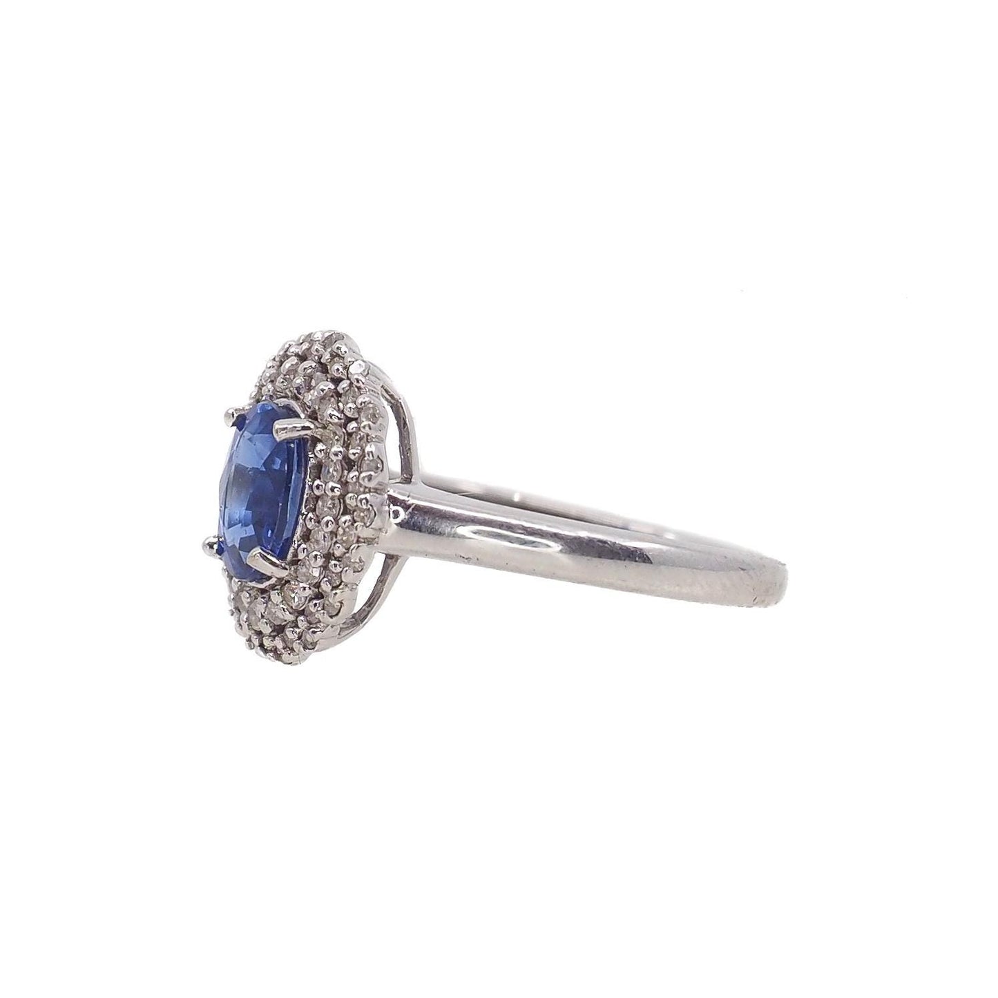 Vintage 1990s Kyanite, White Gold Diamond Ring - Oval Cut 1.08-Carat Natural Blue Kyanite, Diamond Double Halo, and 14K Ring Size 7.25