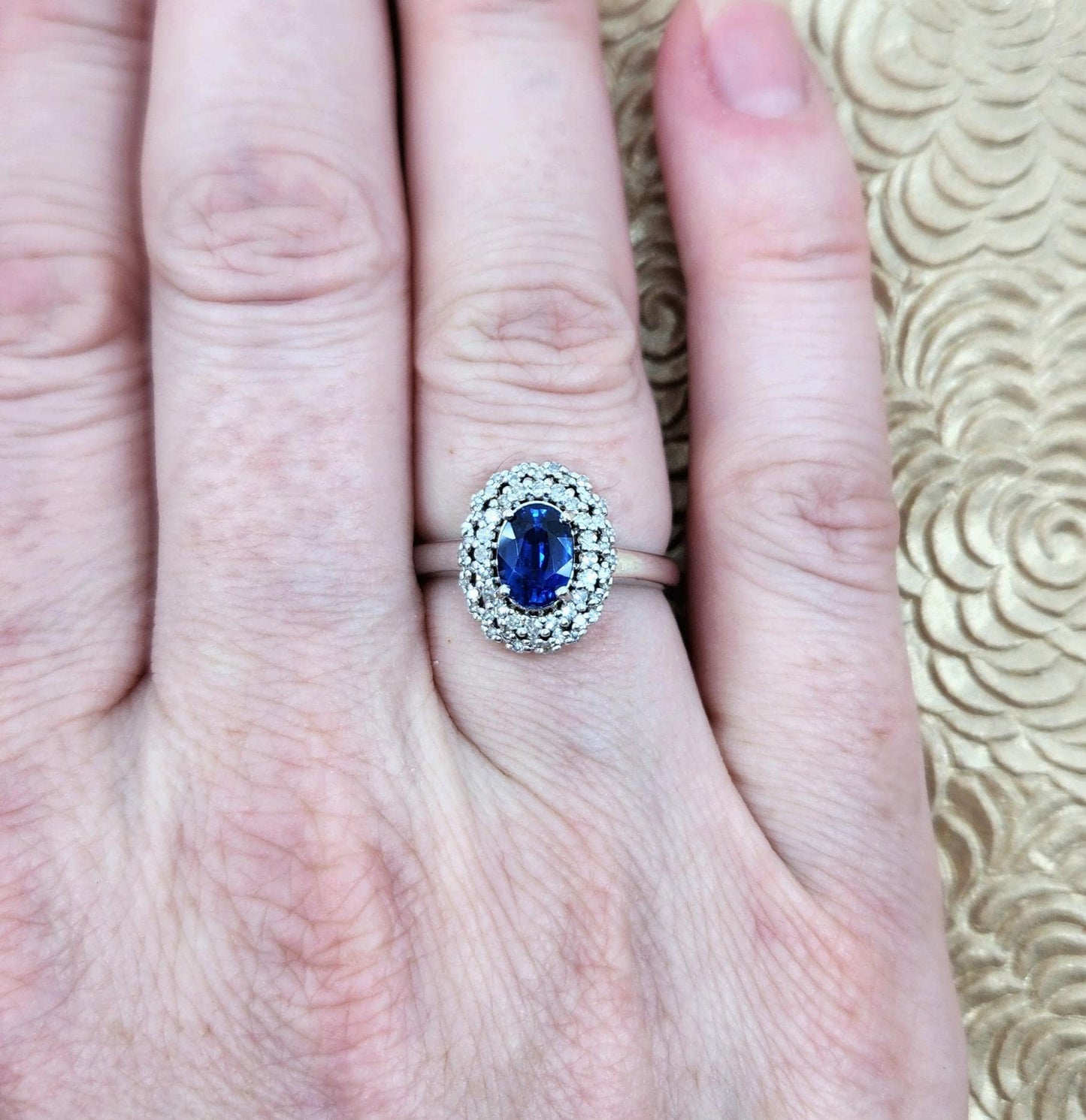 Vintage 1990s Kyanite, White Gold Diamond Ring - Oval Cut 1.08-Carat Natural Blue Kyanite, Diamond Double Halo, and 14K Ring Size 7.25