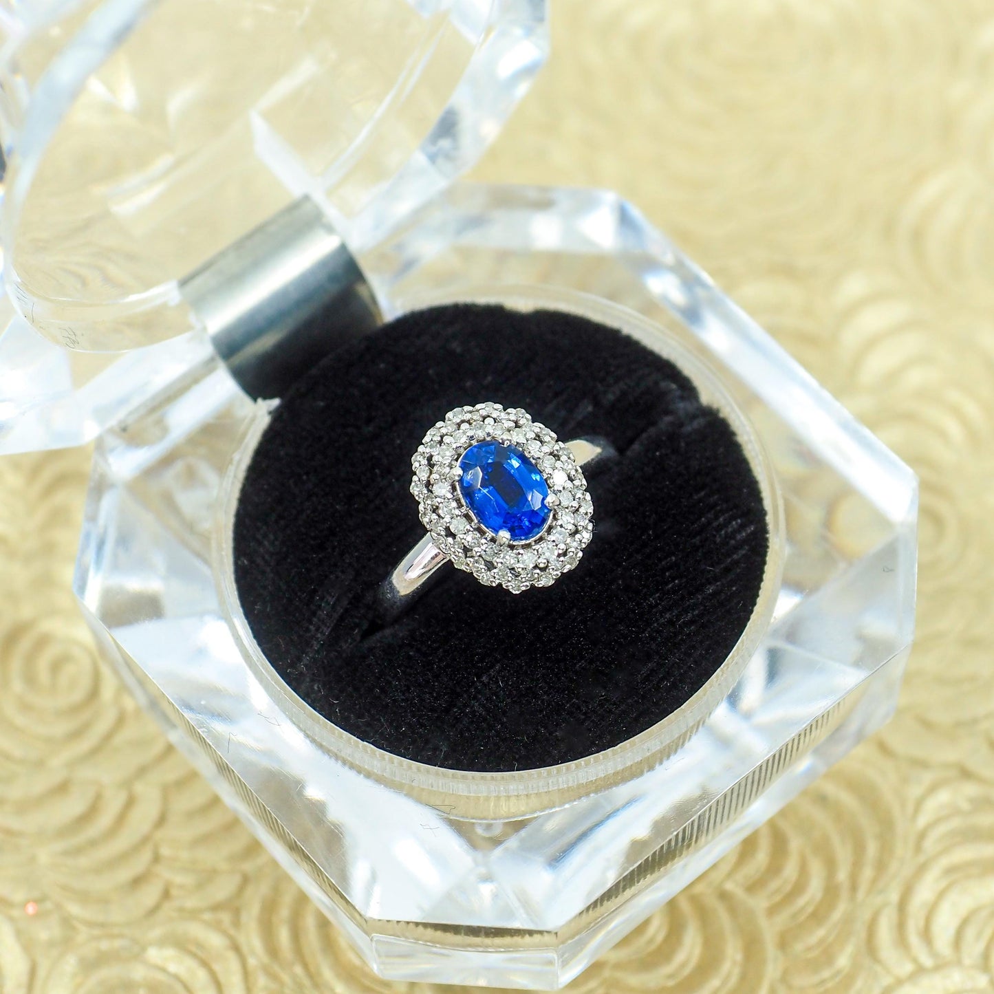 Vintage 1990s Kyanite, White Gold Diamond Ring - Oval Cut 1.08-Carat Natural Blue Kyanite, Diamond Double Halo, and 14K Ring Size 7.25