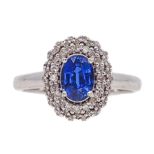 Vintage 1990s Kyanite, White Gold Diamond Ring - Oval Cut 1.08-Carat Natural Blue Kyanite, Diamond Double Halo, and 14K Ring Size 7.25